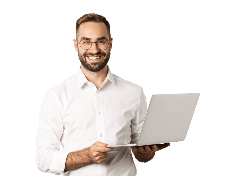 Seo translation services bearded man wearing glasses holds a laptop