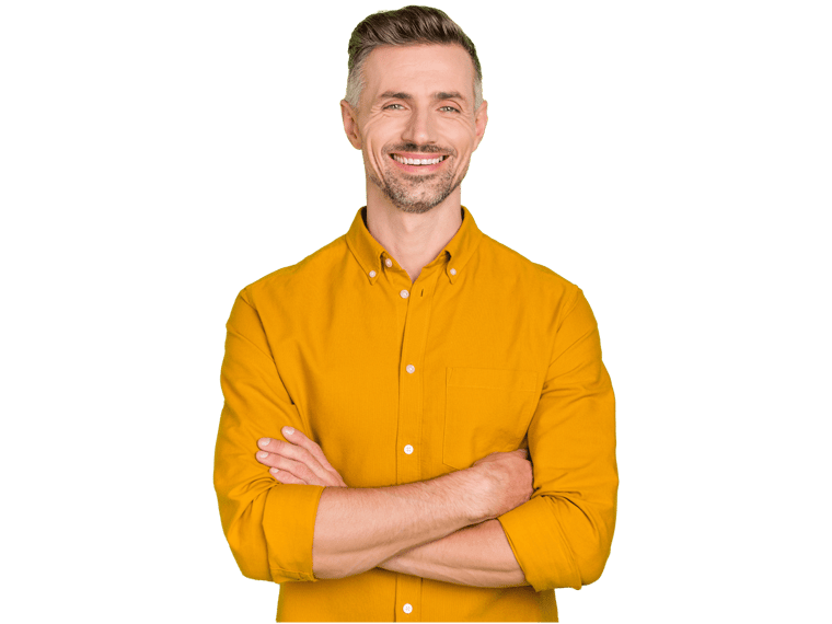 Serbian translation services, Photo of funny grey hairdo young man crossed palms wear yellow shirt isolated on green color background