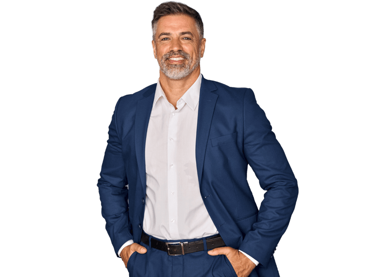 Shipping translation services,A middle-aged businessman in a blue coat, with his hands in his pockets, smiling and standing alone.