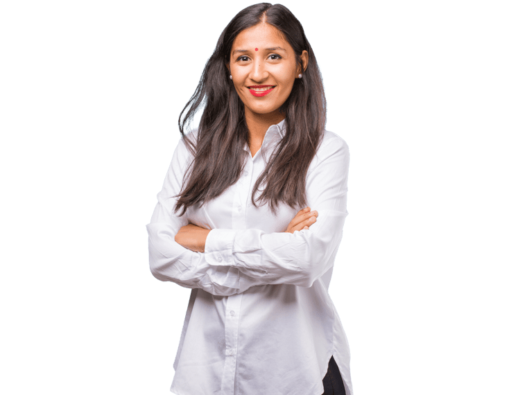 Sinhalese translation services, Portrait of a young indian woman crossing his arms, smiling and happy, being confident and friendly