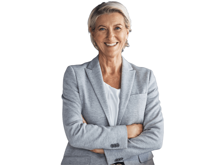 Slovak translation services, Smile, confidence and portrait of mature businesswoman with arms crossed isolated on blue background. 