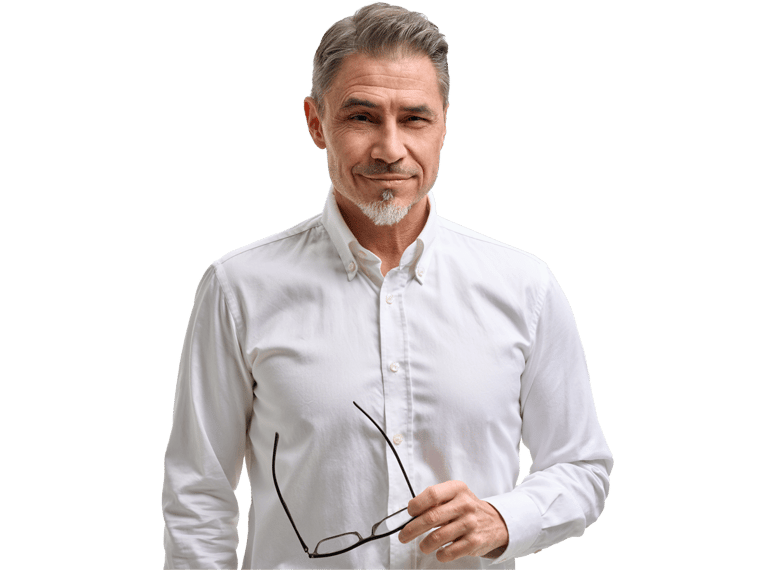 Slovene translation services, An elderly man in a white shirt, confidently smiling as he holds a pair of spectacles.