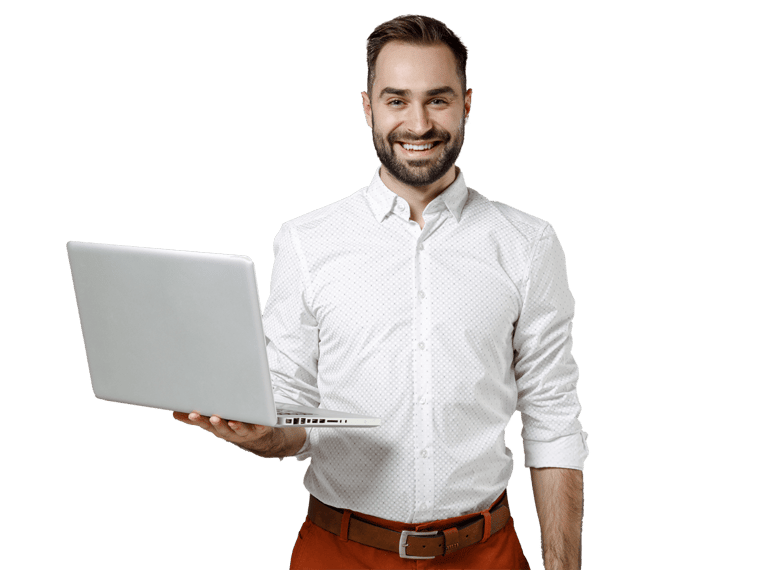 Software translation services professional smiling and holding a laptop