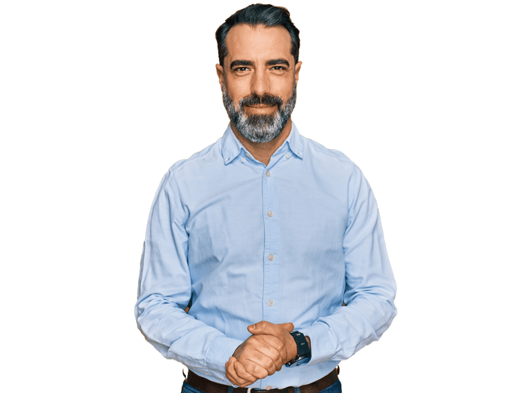 South american spanish translation services, Middle aged man with beard wearing business shirt with hands together and crossed fingers smiling relaxed and cheerful.