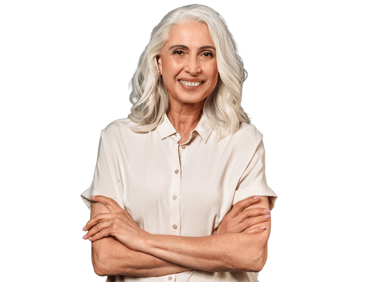 Spanish translation services,  Photo of gorgeous mature old woman standing isolated over dark blue background wall looking camera with arms crossed.