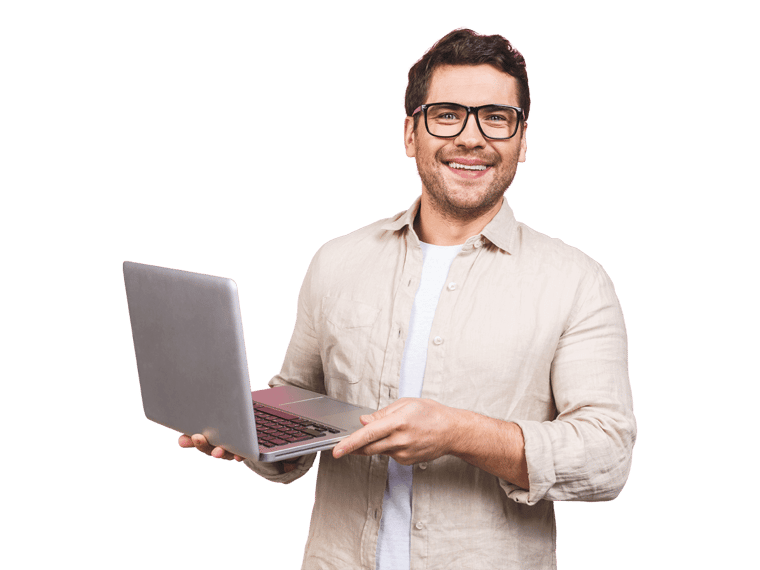 Spanish website translation services man wearing glasses holds a laptop
