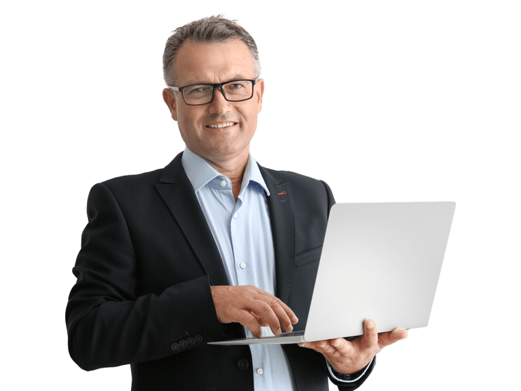 Subtitling embedding services man wearing glasses holds a laptop