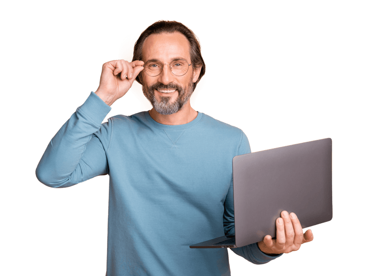 Subtitling hardcoding man smiling while holding a laptop.