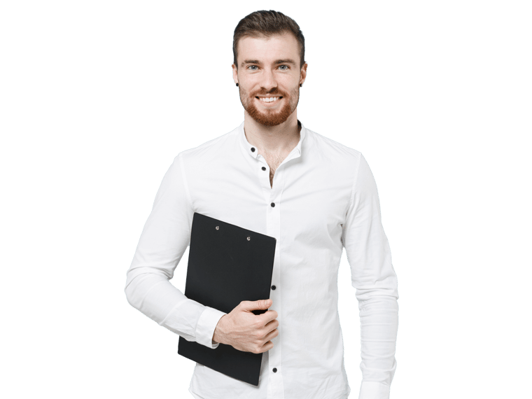 Swedish translation service UK professional confidently smiling holding a clip board