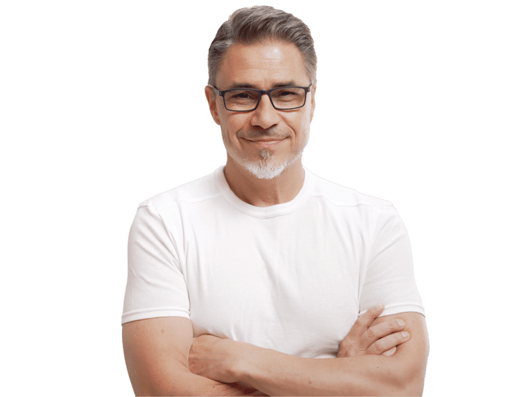 Swiss Translation Services, Portrait of happy casual older man smiling, Mid adult, mature age guy with gray hair in glasses,