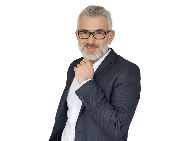 Sworn translation professional with glasses in suit smiling with his hand below his chin