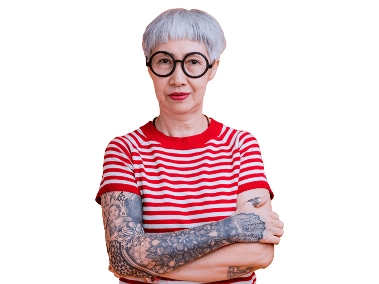 Tattoo certified strong professional with glasses and tattoo's on her right arm
