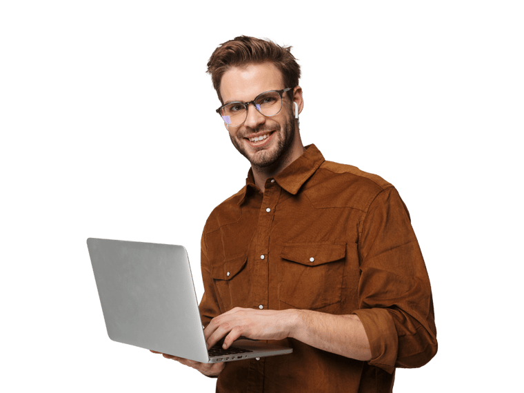 Technology translation services man wearing glasses holds a laptop