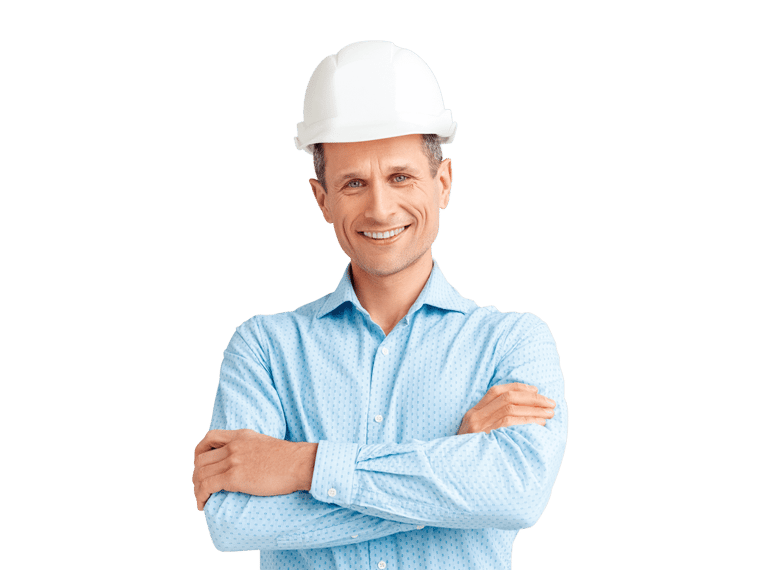 Telecommunications translation services man smiling wearing blue shirt and construction hat