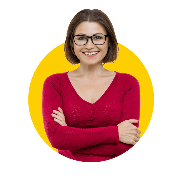 Translation services UK by Absolute Translations, smiling middle-aged woman with folded arms on white background.