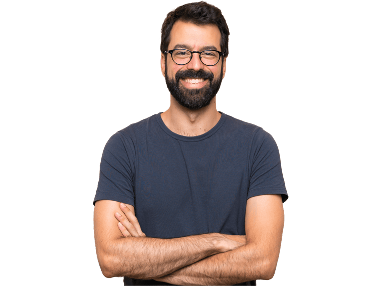 Turkmen translation services bearded man with glasses stands confidently, arms crossed