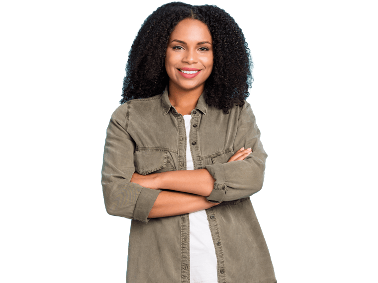 Twi translation services woman with curly hair and green shirt.