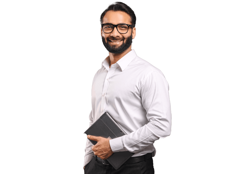 Urdu translation services UK professional smiling holding a tablet