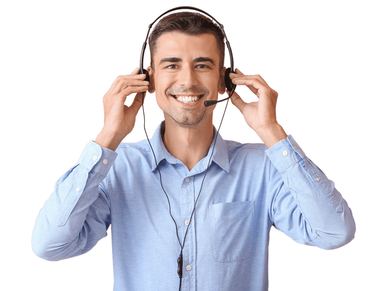 Video Interpreting Services UK expert holding headset and smiling