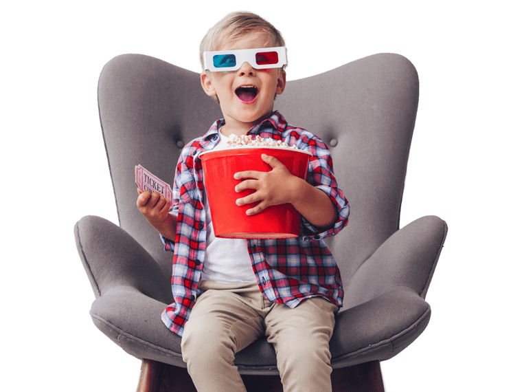 Video subtitling services company showing a boy watching TV with popcorn
