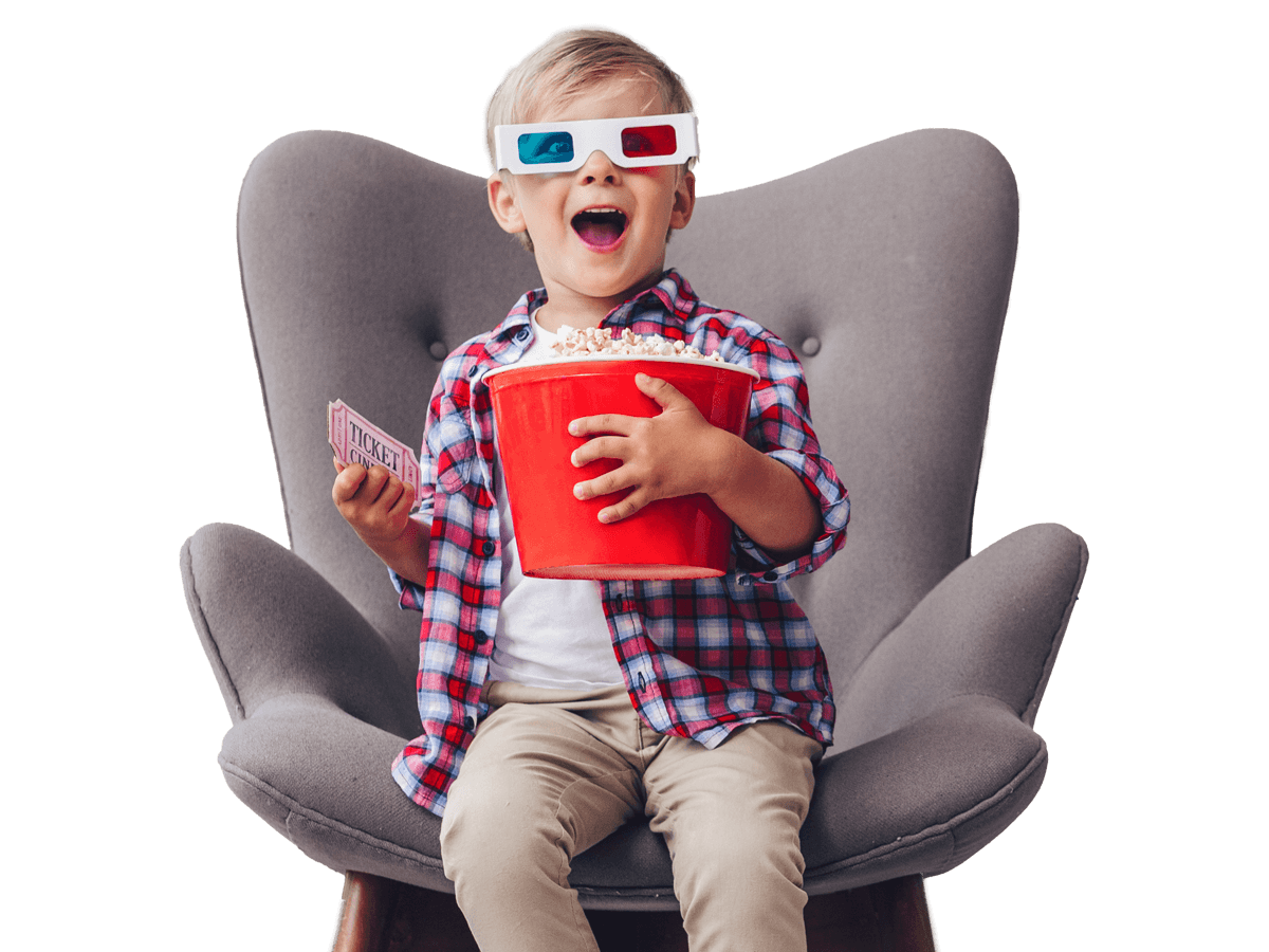 Video subtitling services company showing a boy watching TV with popcorn