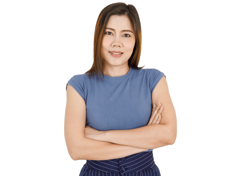 Vietnamese transcription services,  Woman in blue shirt and skirt standing with arms crossed.