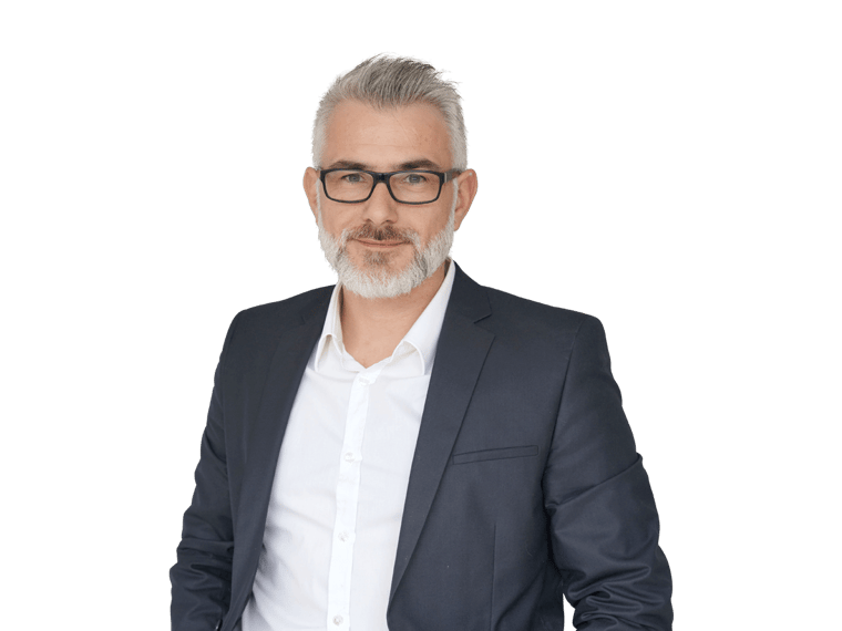 Visa translation professional with glasses in black suit smiling