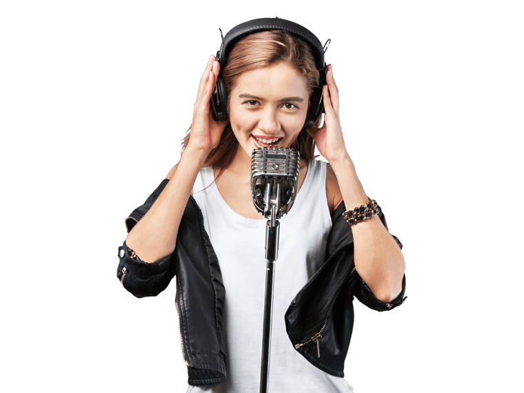Voice over services woman smiling wearing headphones