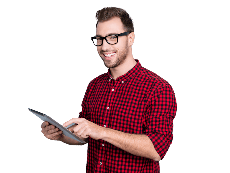 Website translation services professional wearing red checkered shirt and typing text on new digital tablet