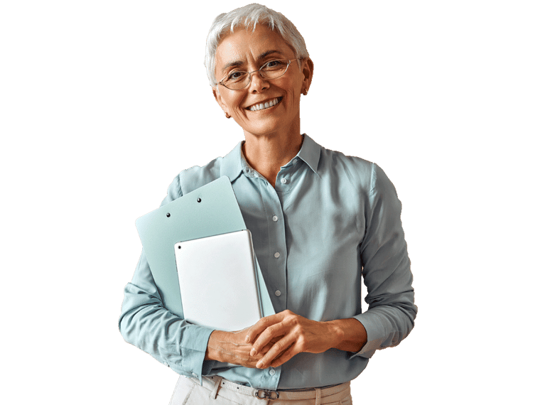 Witness Statement Translation Services, Modern confident beautiful gray-haired mature business woman in blue blouse 