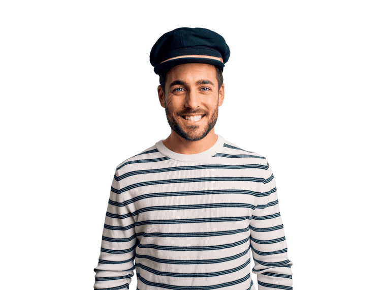 Yacht boating translation services man wearing a striped shirt and hat