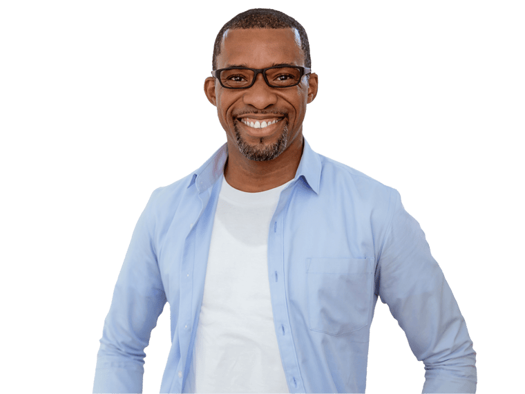 Yoruba translation services man smiling wearing blue shirt