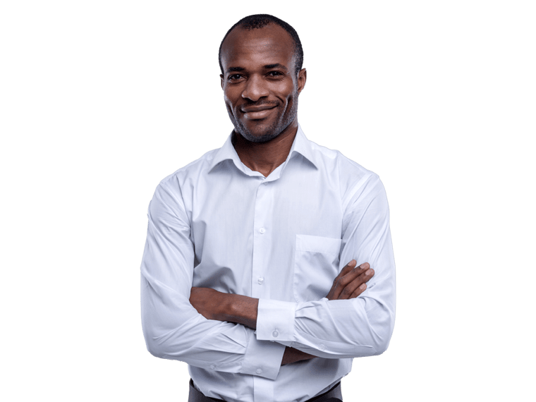 Zulu translation services, Handsome cheerful dark-eyed afro-american man smiling and standing and having his arms crossed