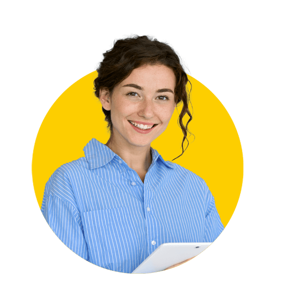 AI translation services by Absolute translations, Young happy professional business woman office worker holding digital tablet,