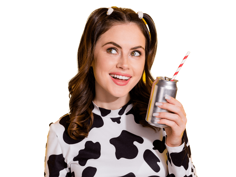 Branding translation services professional dreamy look empty space youth lady steel cup coke stick