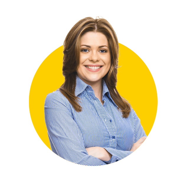 Bio Medical translation services, Smiling business woman with folded hands against white background. Toothy smile.