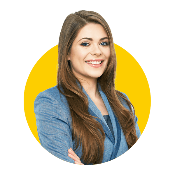 Bio technology translations uk, Smiling business woman blue suit dressed standing against white background with crossed arms. Copy space.