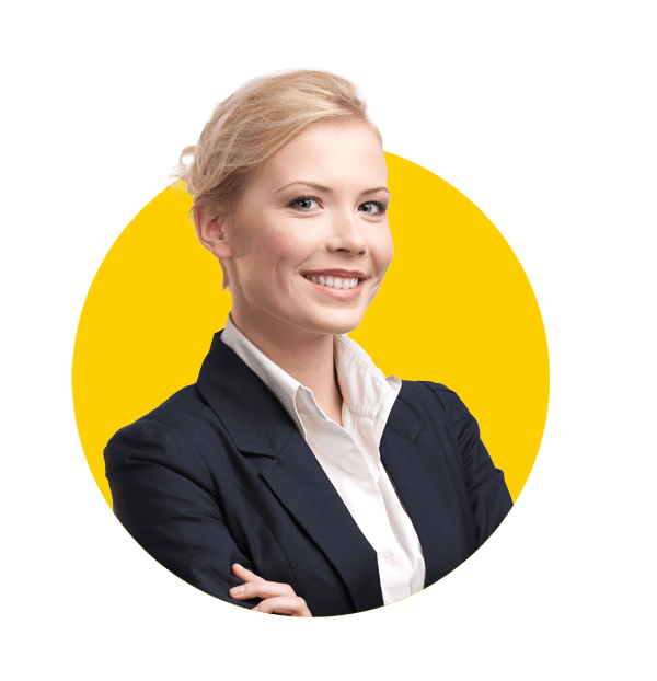 Bulgarian translations, Blonde business woman in a black suit, isolated on white.