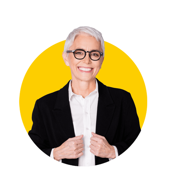 legal translations UK, Photo of charming lovely successful senior lady wear black suit isolated on yellow color background.