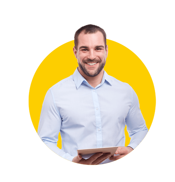 Canadian french translations, Businessman using tablet pc. Isolated on white background.