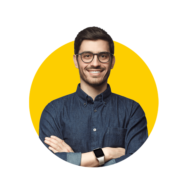 e-Commerce translations uk, Portrait of young smiling caucasian man with crossed arms, wearing smart watch and casual denim shirt, isolated on white 