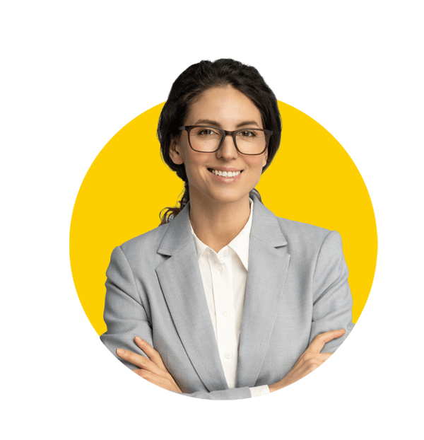 Education translations uk, Confident young businesswoman wear glasses, smiling, looking at camera standing with crossed arms isolated on blue background.