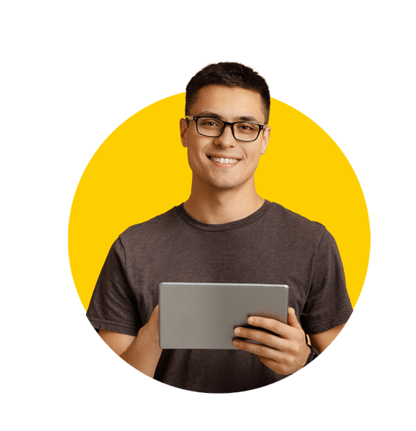 Electronic products translationsuk, Modern work, social media and online communication. Attractive happy young male student in glasses.