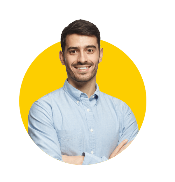 Farsi translation services, professional businessman in blue shirt standing with crossed arms, isolated on white background, representing corporate language solutions.