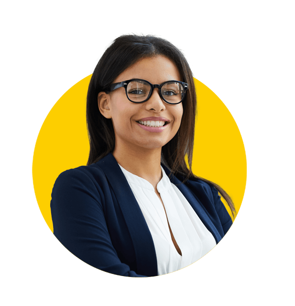 Fijian translation services, smiling young black woman in glasses standing in lobby, looking at camera, representing professional language solutions.