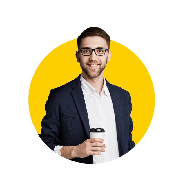 Food label translations uk, Portrait of a handsome businessman in eyeglasses with a cup of coffee.