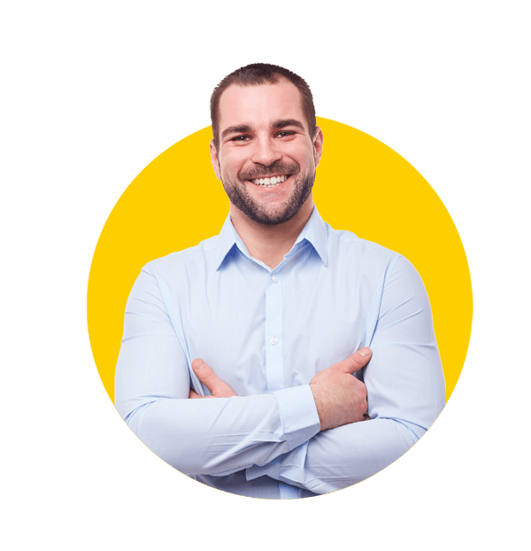 Insurance Translations, Smiling man in blue shirt with crossed arms. Isolated on white background.