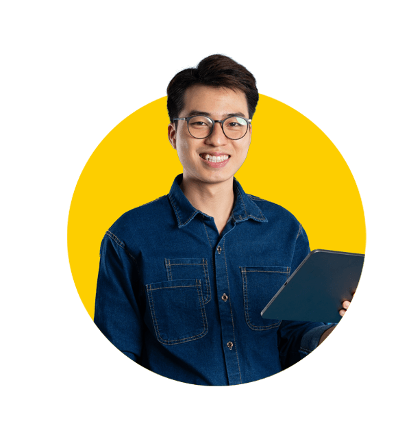 Professional Lao translation services by Absolute Translations, young Asian businessman posing against blue background.