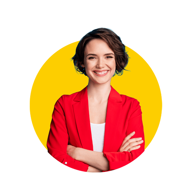 Magazine translations uk, Portrait of attractive content cheerful brown-haired lady folded arms isolated over bright blue color background.