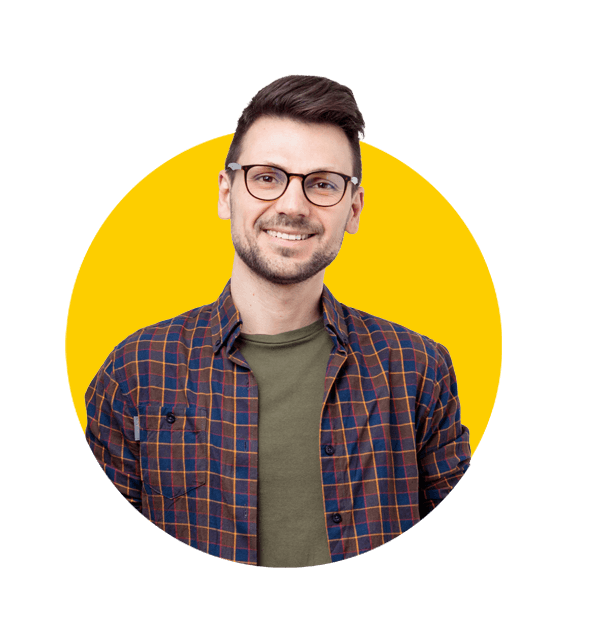 Marine translations uk, Unshaved charming cheerful positive young man in glasses hold hands pockets isolated on white background.